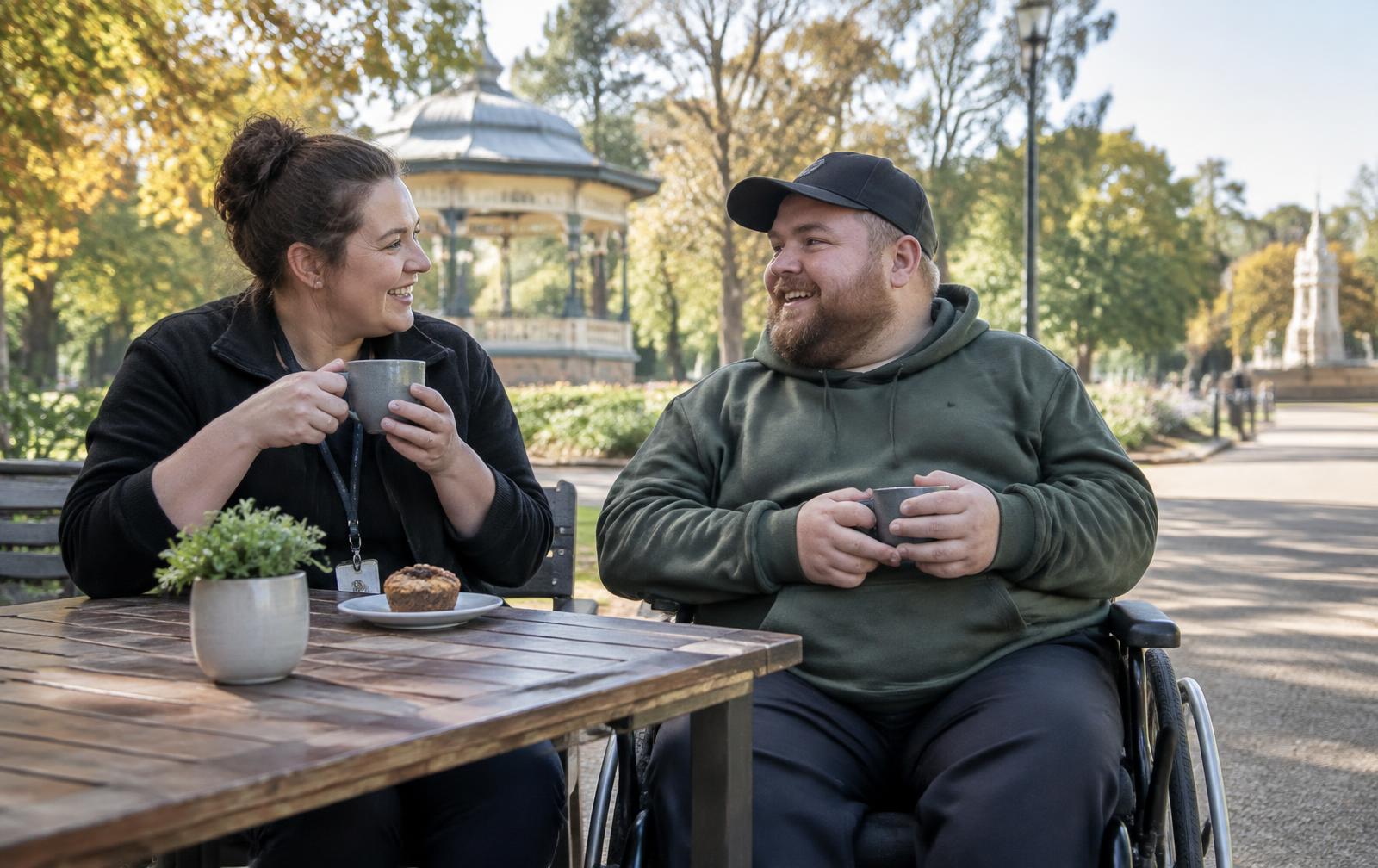 Two adults enjoying coffee together in a Bendigo park